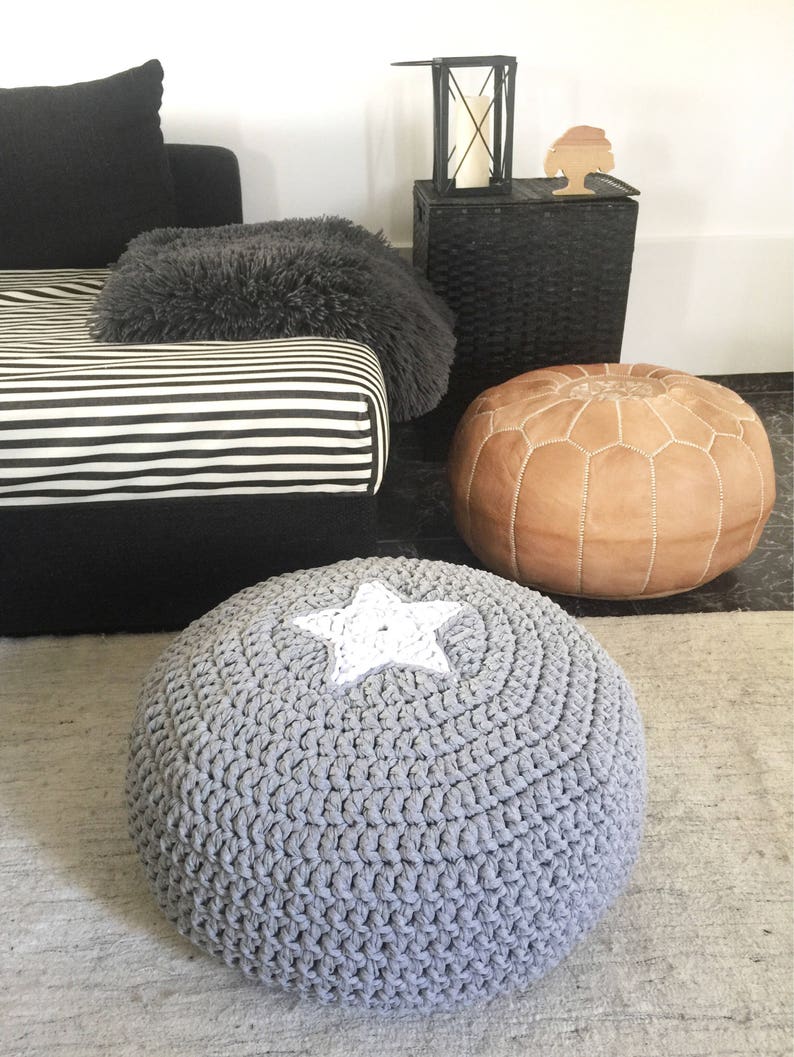 Knit Footstool Pouffe for Modern Nursery Decor Round Crochet Pouf Ottoman with Star Pale Blue Kids Floor Seating Toddler Birthday Gift