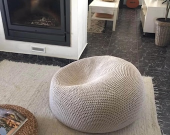 Pufão extra grande, assento redondo de malha neutra, algodão reciclado, Japandi Decor