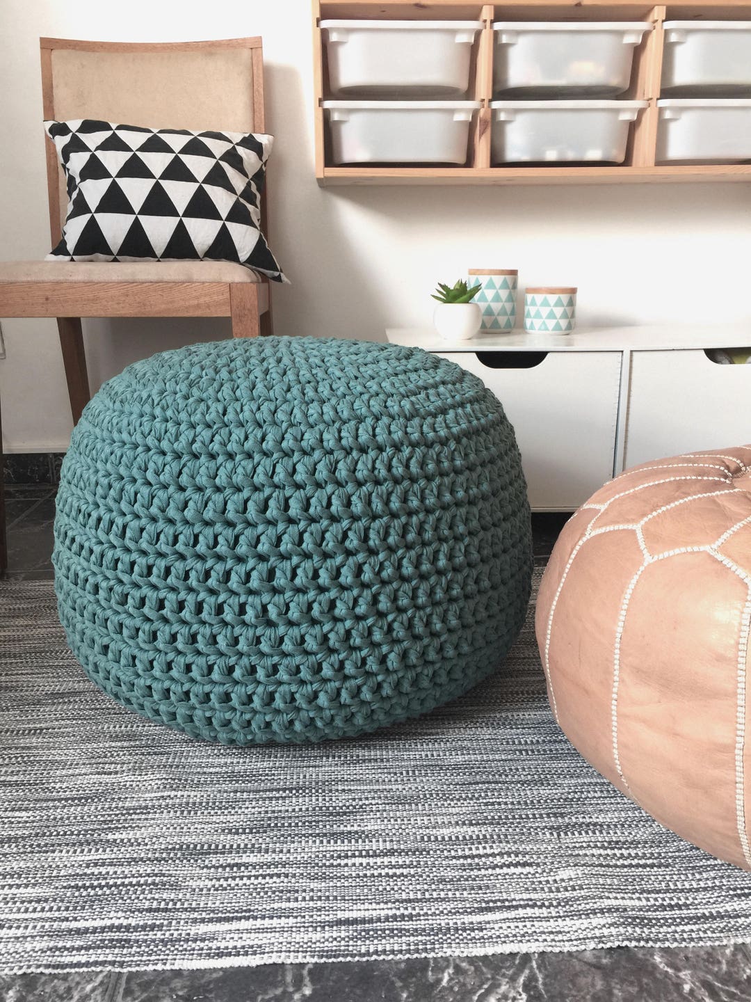 Teal Blue Crochet Pouf Ottoman Round Knit Footstool Pouffe Extra Seats Floor Cushions Modern Interior Decor Etsy UK