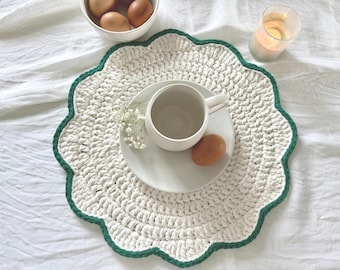 Scalloped Placemat Set, Recycled Cotton Crochet Table Mats, Round 16 inches Dinning Placemats