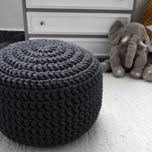 Dark Gray Knit Pouf Ottoman, Chunky Eco Cotton Footstool, Scandinavian Decor 16" x 12"- 40cm x 30 cm