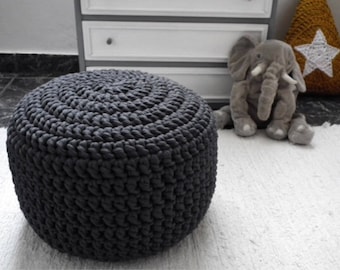 Dark Grey Chunky Knit Pouf Ottoman, Charcoal Round Footstool Pouffe, Modern Eco Friendly Housewarming Gift