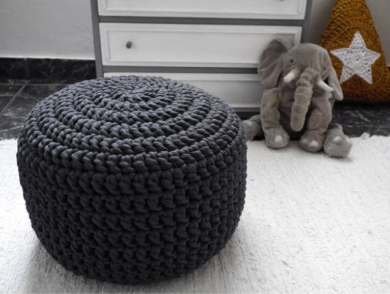 Dark Gray Knit Pouf Ottoman, Chunky Eco Cotton Footstool, Scandinavian Decor 16" x 12"- 40cm x 30 cm