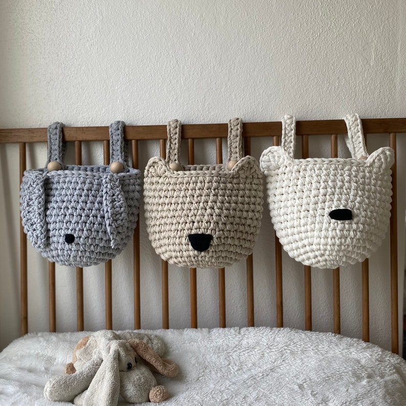 Bunny Basket for Crib, Crochet Hanging Pocket, Nursery Organizer, Woodland Newborn Room Decor image 8