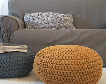 Chunky Knit Pouffe, Mustard Round Pouf Ottoman, Crochet Floor Seating Pillow, Nursery Footstool, Scandinavian Furniture, Modern Home Decor