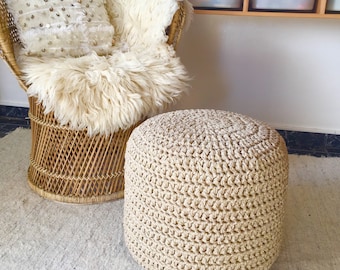 Gold Crochet Pouf Ottoman, Sparkly Golden Round Pouffe Footstool Table, New Home Couple Gift