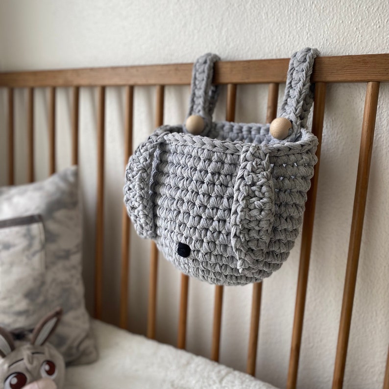 Bunny Basket for Crib, Crochet Hanging Pocket, Nursery Organizer, Woodland Newborn Room Decor image 1
