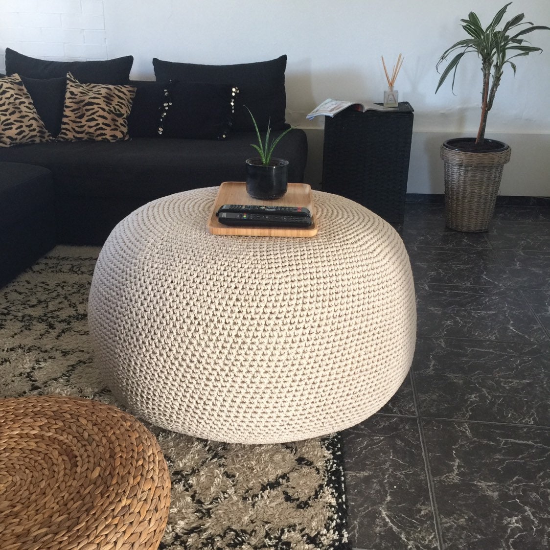 Large Round Ottoman Coffee Table Giant Crochet Pouf Xxxl Etsy