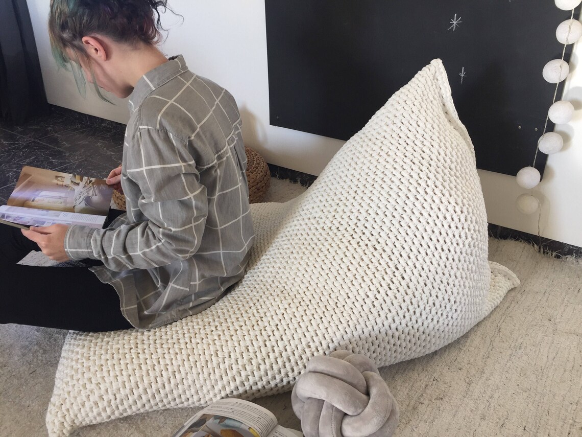 Crema hand knit bean bag chair Salón Piso Almohada Cojín de | Etsy