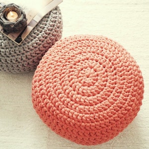 Peach Round Ottoman Pouf, Coral Crochet Footstool Pouffe, Nursery Furnishing, Modern Baby Room Decor, Mother Handmade Gift image 5