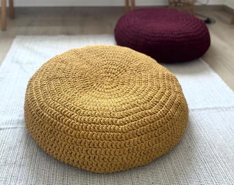 Large Round Floor Cushion, Boho Crochet Meditation Pillow, Recycled Cotton