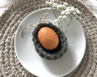 Conjunto de porta-ovos de crochê, porta-ovos cozidos, decoração de mesa rústica, algodão ecológico reciclado e lavável.