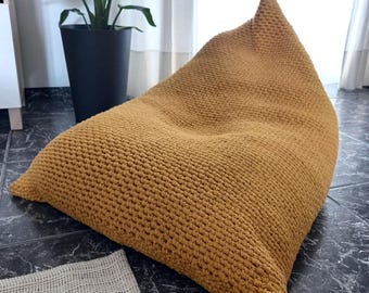 Mustard Knitted Bean Bag Chair for Adults, Large Beanbag Lounge Chair, Scandinavian Decor
