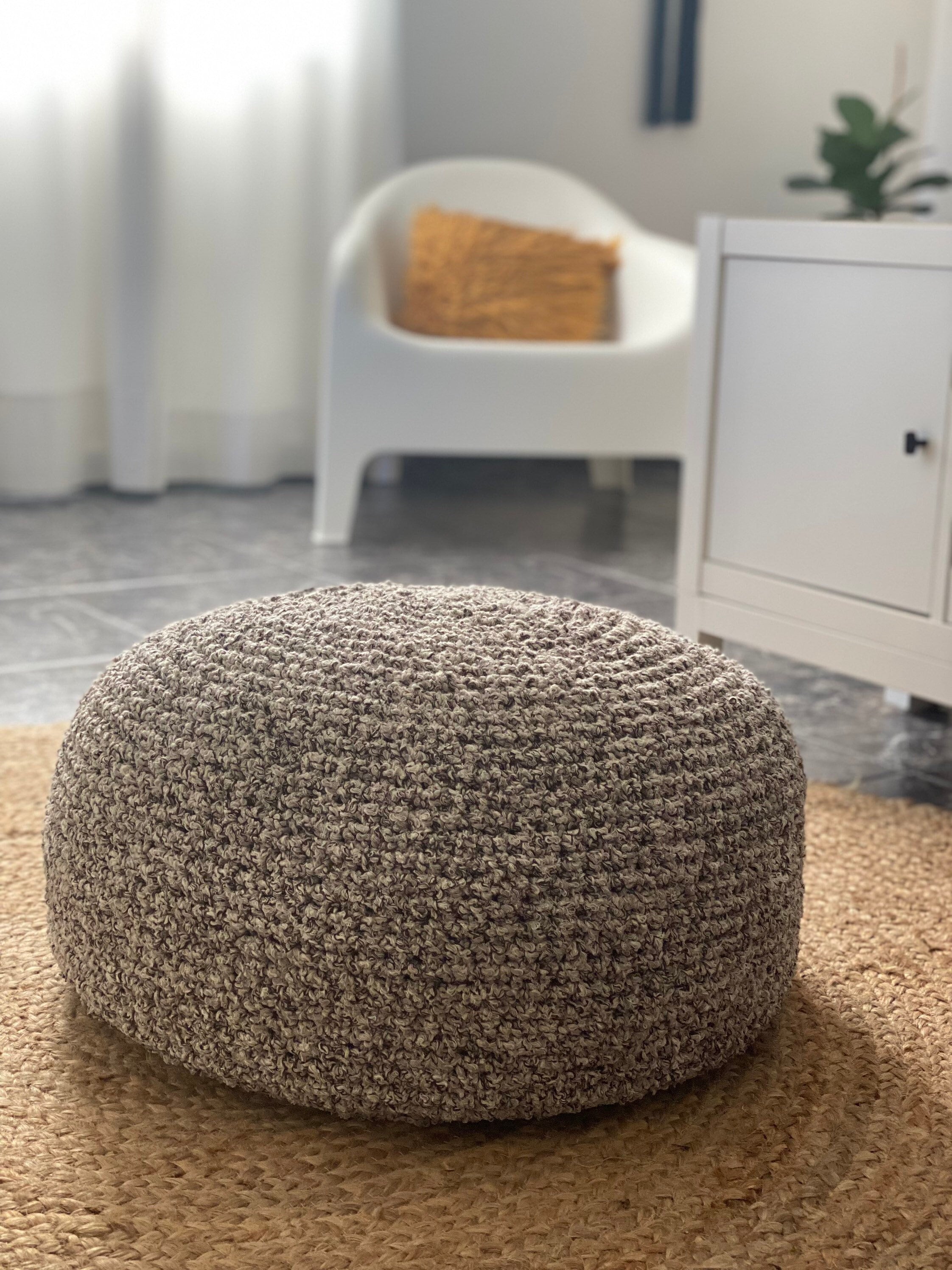 Big Joe Round Ottoman Bean Bag Footrest, Natural Basket Weave, Weather Resistant Fabric, 2.5 Feet