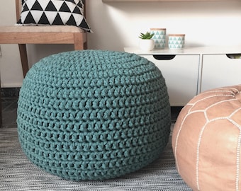 Teal Blue Crochet Pouf Ottoman, Round Knit Footstool Pouffe, Extra Seats Floor Cushions, Modern Interior Decor