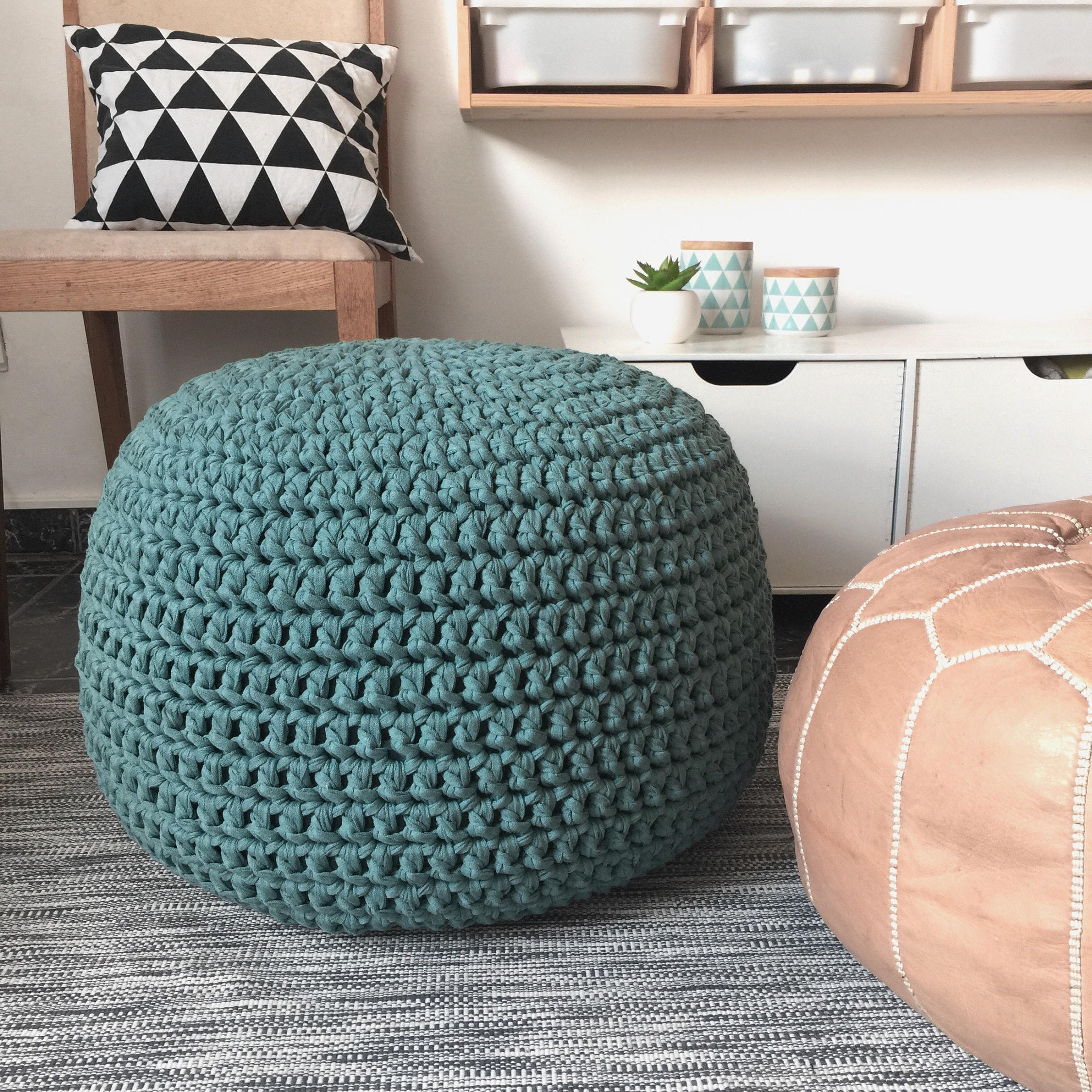 Teal Blue Crochet Pouf Ottoman Round Knit Footstool Pouffe Extra Seats Floor Cushions Modern Interior Decor Etsy