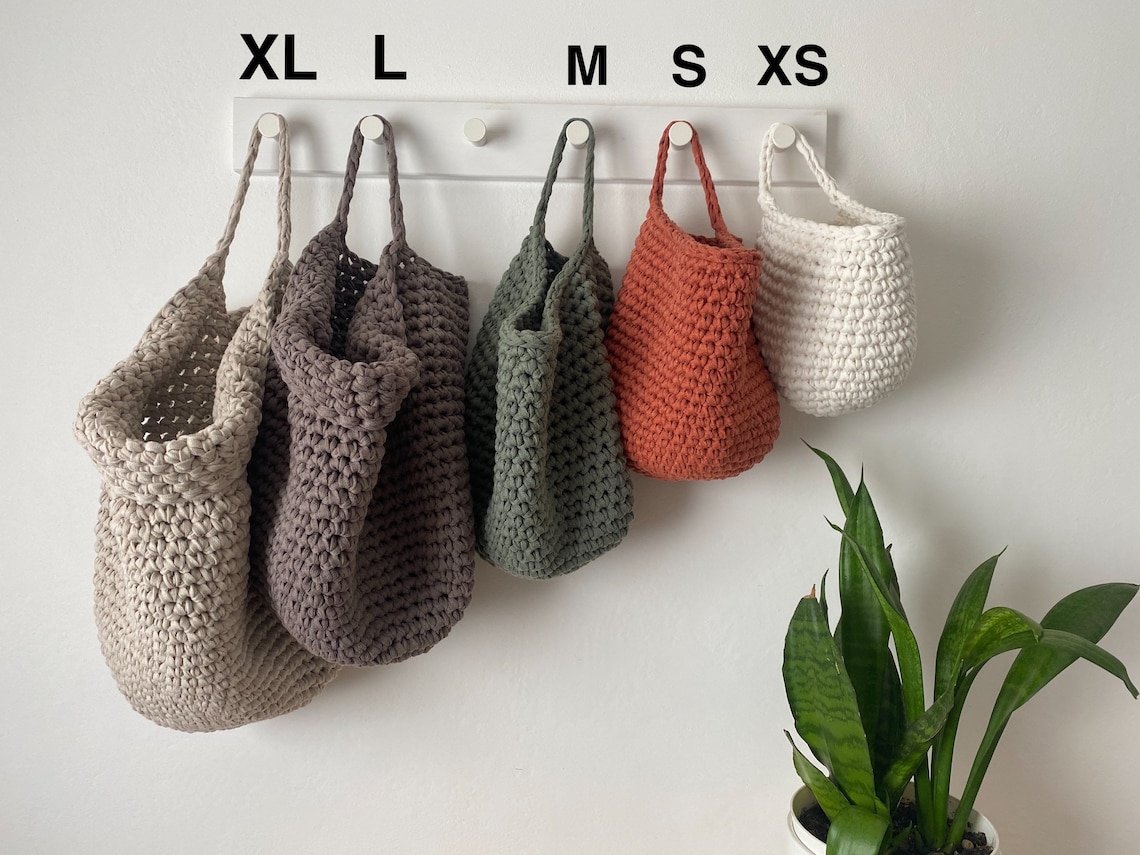 Crochet Wall Hanging Basket Earth Tones Storage Bags Chunky Etsy