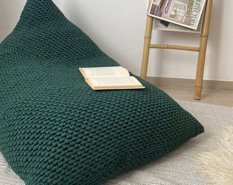 Deep Green Knit Bean Bag Chair, Adult Beanbag Lounger, Floor Reading Chair, Triangle Daybed Cushion, Scandinavian Furniture