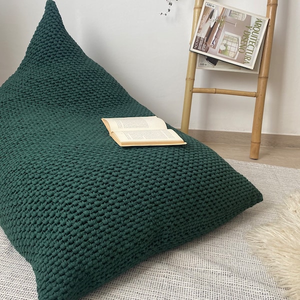 Deep Green Knit Bean Bag Chair, Adult Beanbag Lounger, Floor Reading Chair, Triangle Daybed Cushion, Scandinavian Furniture