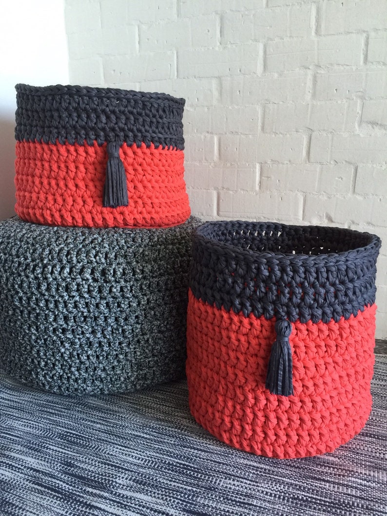 Modern Laundry Hamper Home Organization Large Coral Pink Crochet Basket Two Tones Color Block Toy Basket Kids Room Storage Bin