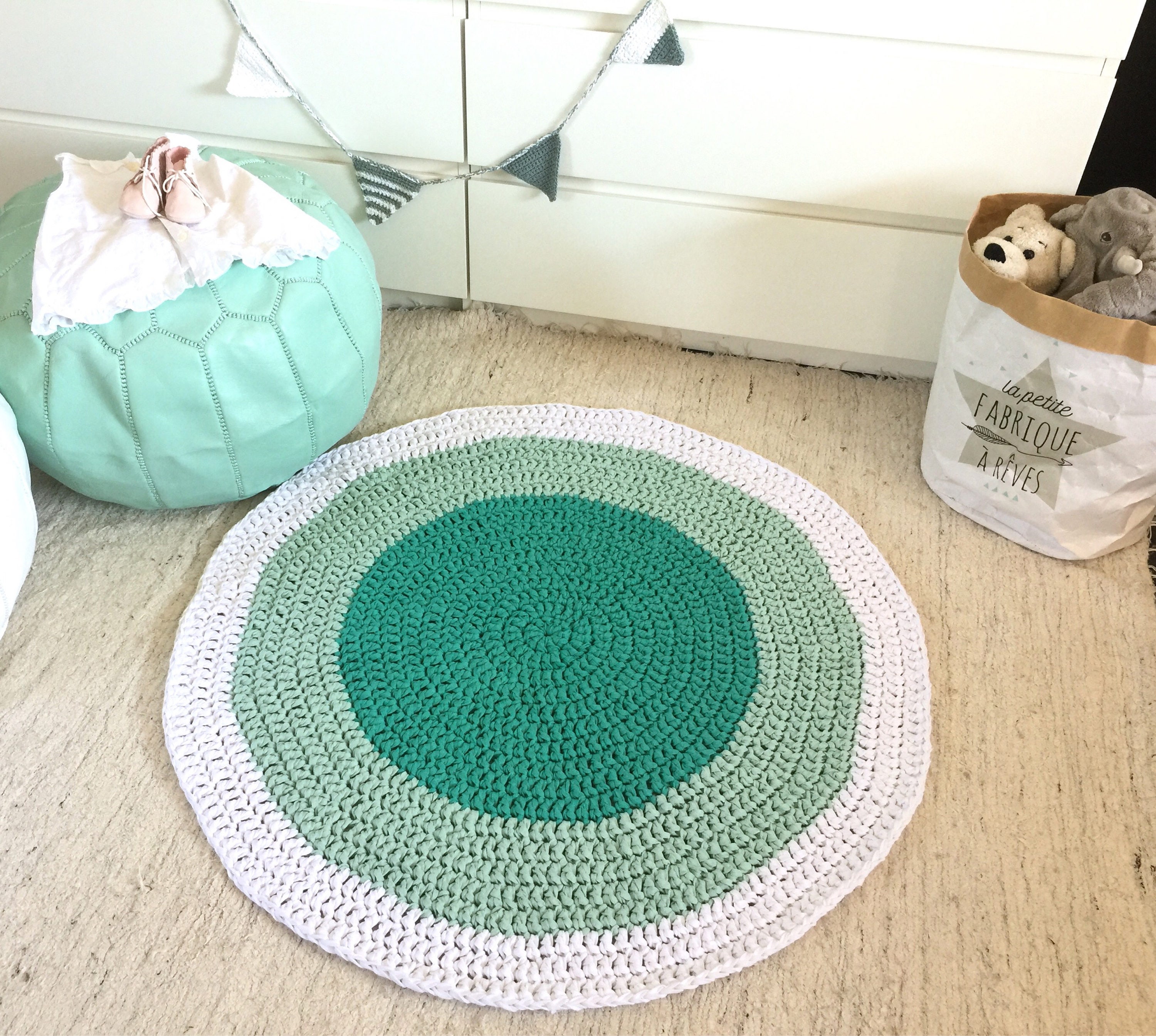 Tapis Rond Au Crochet à La Menthe, Tapis de Jeu Pour Bébé en Coton Doux, Chambre Bébé, Cadeau Modern