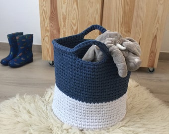 Crochet Round Basket, Two Tones Nursery Toys Organizer, Cotton Hamper For Laundry, Modern Home Storage, Large Decorative Plant Basket