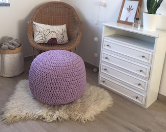 Crochet Pouf Ottoman, Round Footstool Pouffe, Sturdy Cotton Seating Stool, Modern Interior Decor