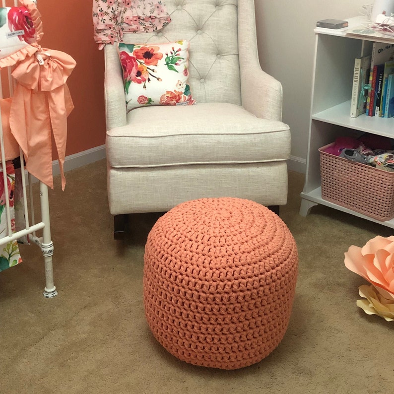 Peach Round Ottoman Pouf, Coral Crochet Footstool Pouffe, Nursery Furnishing, Modern Baby Room Decor, Mother Handmade Gift image 2