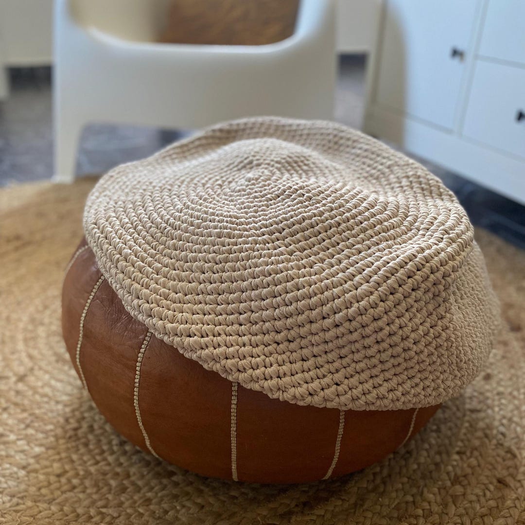 Crochet Pouf Cover, Round Knitted Slipcover for Moroccan Poufs