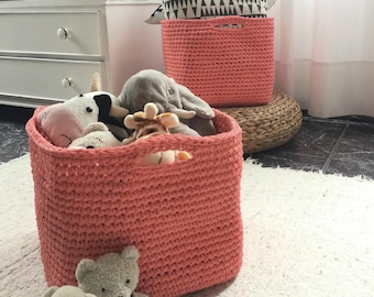 Cesto quadrado de crochê, organizador de prateleiras em formato de cubo, caixa organizadora para brinquedos de quarto infantil, algodão reciclado resistente.