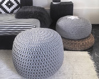 Grey Round Knit Ottoman, Chunky Cotton Footstool Pouffe, Gender Neutral Floor Pouf Seating - Modern Nursery Puff Chair