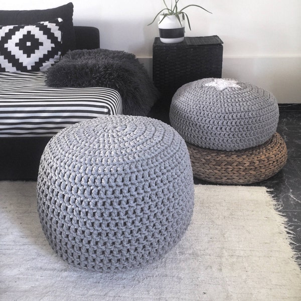 Chunky Knit Cotton Pouf Ottoman, Round Grey Nursery Footstool