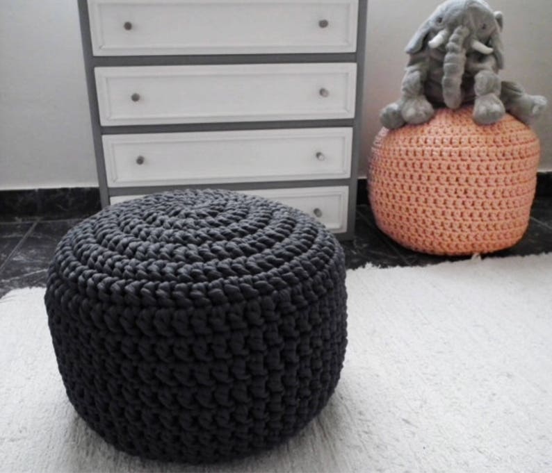 Dark Gray Knit Pouf Ottoman, Chunky Eco Cotton Footstool, Scandinavian Decor image 7