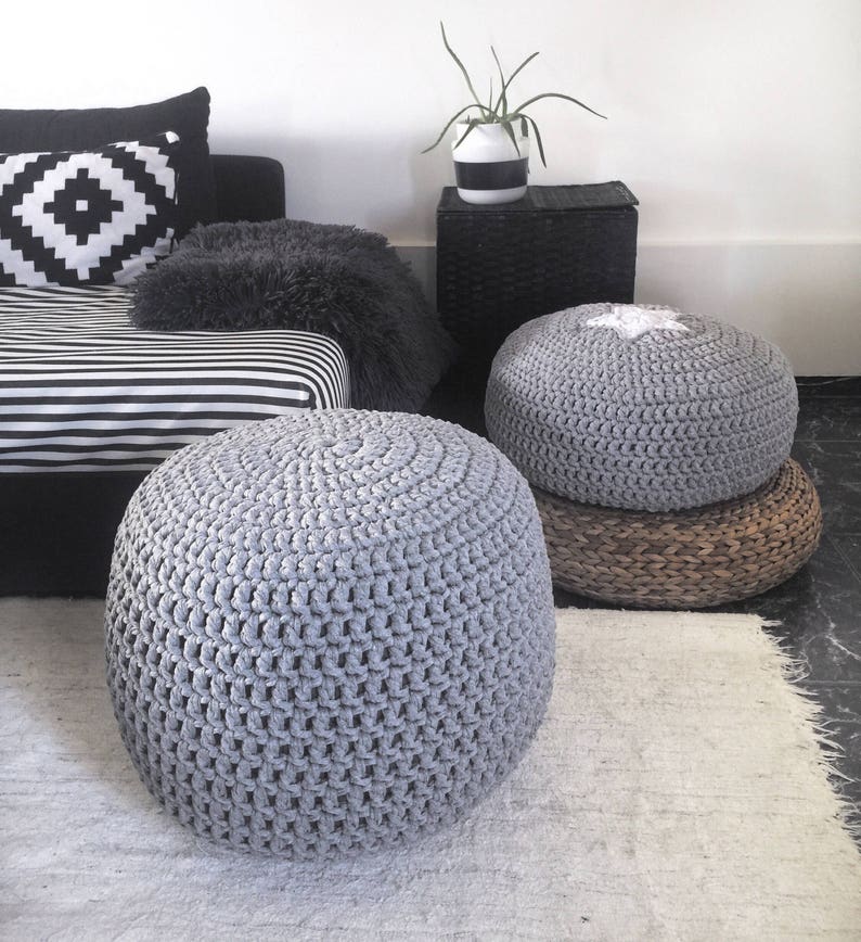 Grey Round Knit Ottoman, Chunky Cotton Footstool Pouffe, Gender Neutral Floor Pouf Seating - Modern Nursery Puff Chair