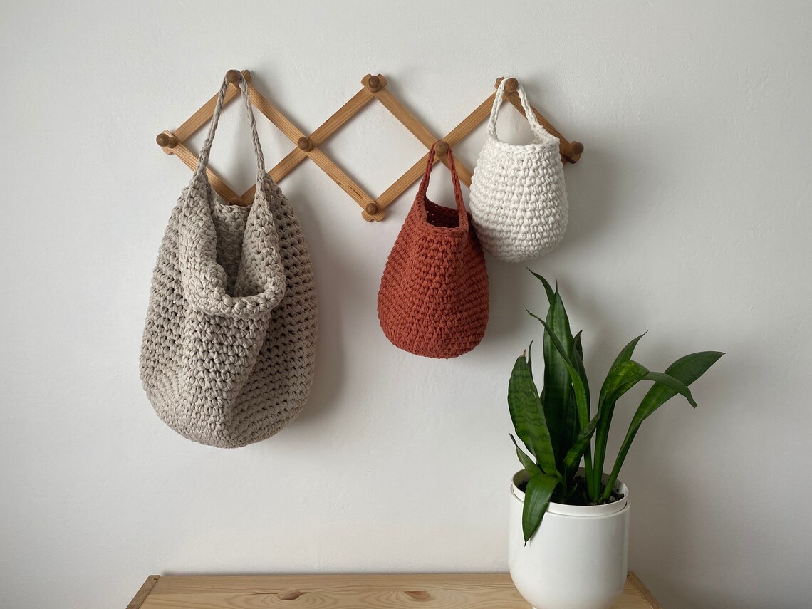 Crochet Wall Hanging Basket Earth Tones Storage Bags Chunky Etsy