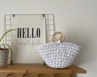 White Basket with Wooden Handles, Cotton Cord Crochet Basket, Scandinavian Home Decor