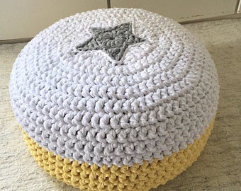 Chunky Knit Ottoman with Star, Round Floor Seating Pouf, Eco-Friendly Nursery Footstool, Kids Floor Seating Pillow, Scandinavian Home Decor