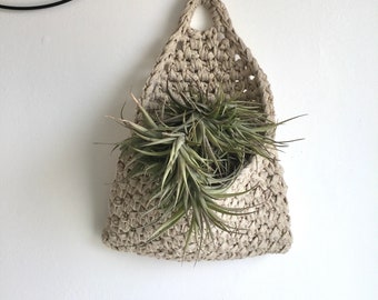 Crochet Wall Hanging Pocket, Gold/Silver Air Plant Holder, Mail Storage - Farmhouse Interior Decor