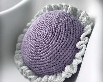 Crochet Ruffled Pillow Lilac, Eco Cotton Round Cushion, Shabby Chic Home Decor