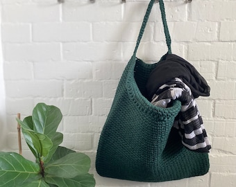 Large Knit Wall Hanging Basket, Deep Green Eco Cotton Storage Organizer, Hanging Laundry Hamper