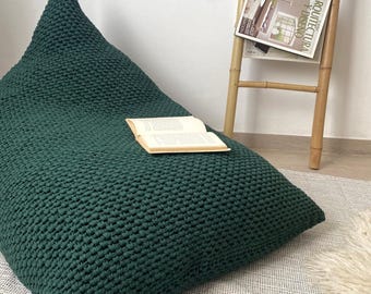 Deep Green Knit Bean Bag Chair, Recycled Cotton Adult Lounger