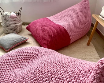 Knitted Bean Bag Chairs, Pink Beanbag Lounger, Colorful Reading Floor Chair, Girls Nursery Decor
