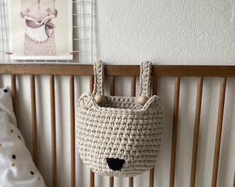 Fox Basket for Crib, Crochet Hanging Pocket, Cradle Storage Toy Bag, Nursery Organizer, Woodland Kids Room Decor, Newborn Bedroom Gifts