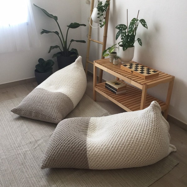 Knitted Bean Bag Chair, Modern Lounge Floor Seating Pillow, Large Pouf Cushion, Neutral Scandi Furniture, Lounging Room Interior Decor