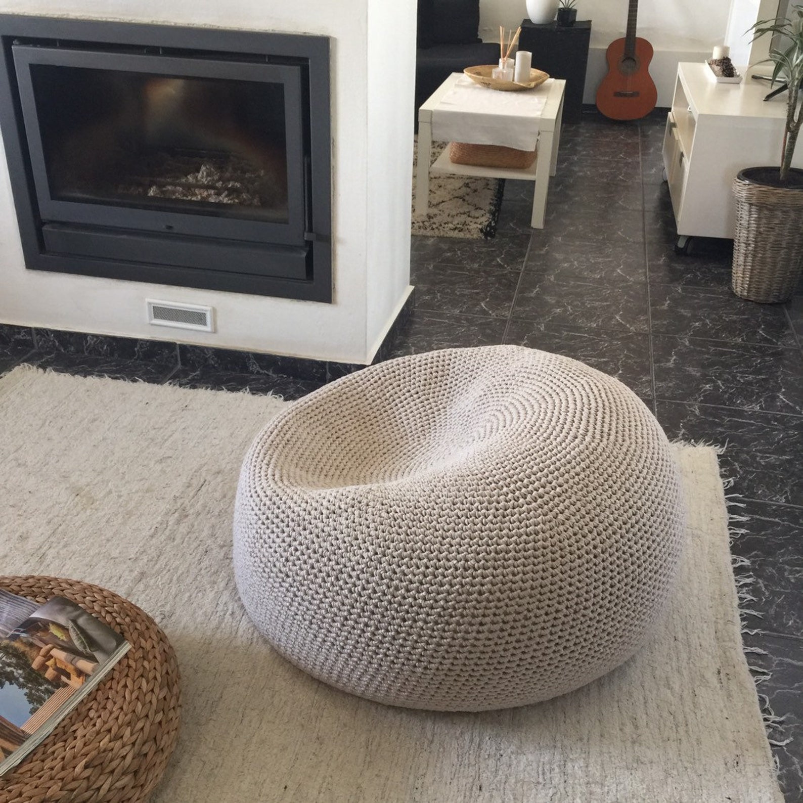 Large Round Bean Bag Chair Neutral Beige Crochet Ottoman Etsy
