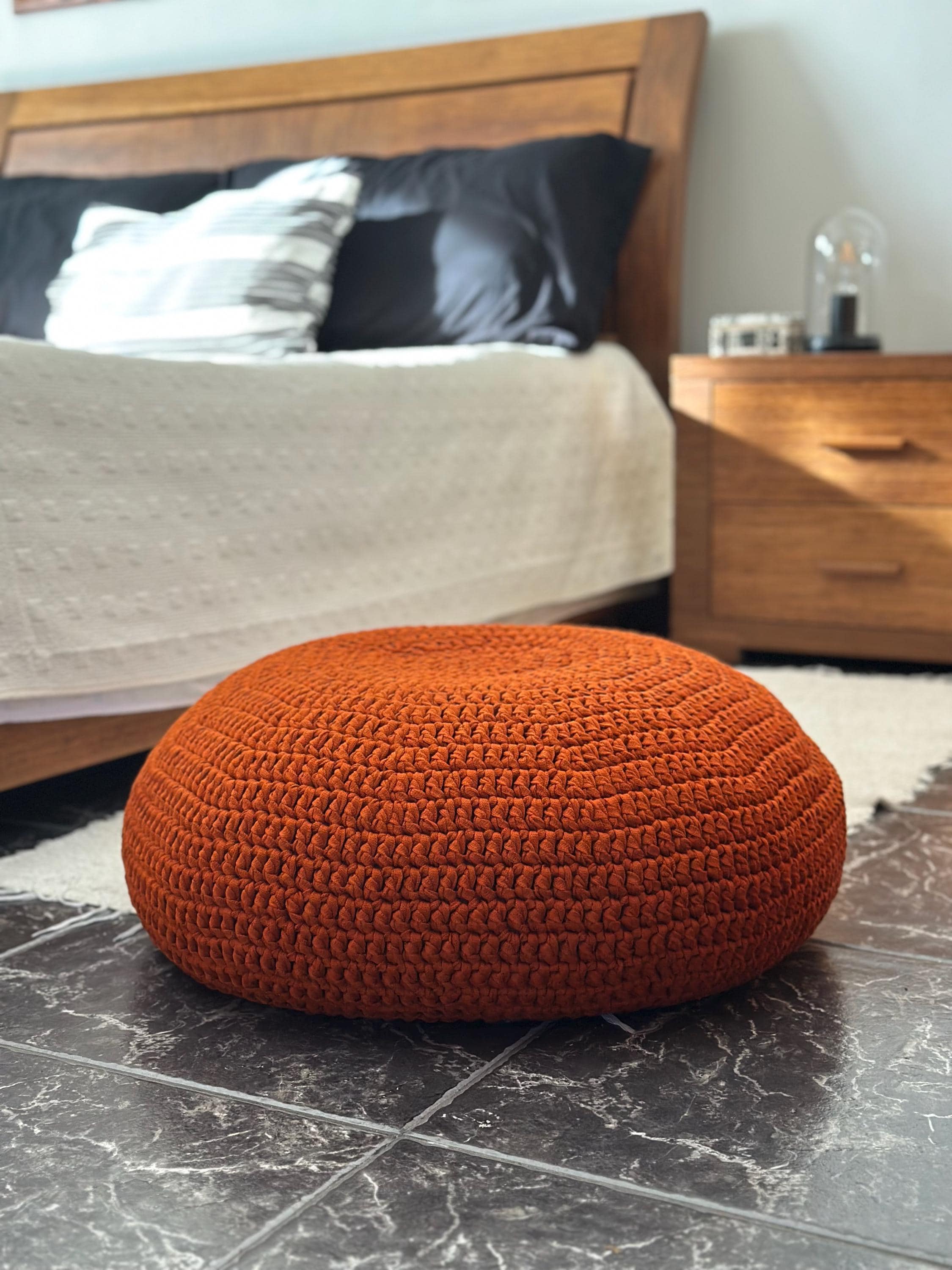 Crochet Floor Cushion, Rusty Orange Zafu Meditation Seating Pouf