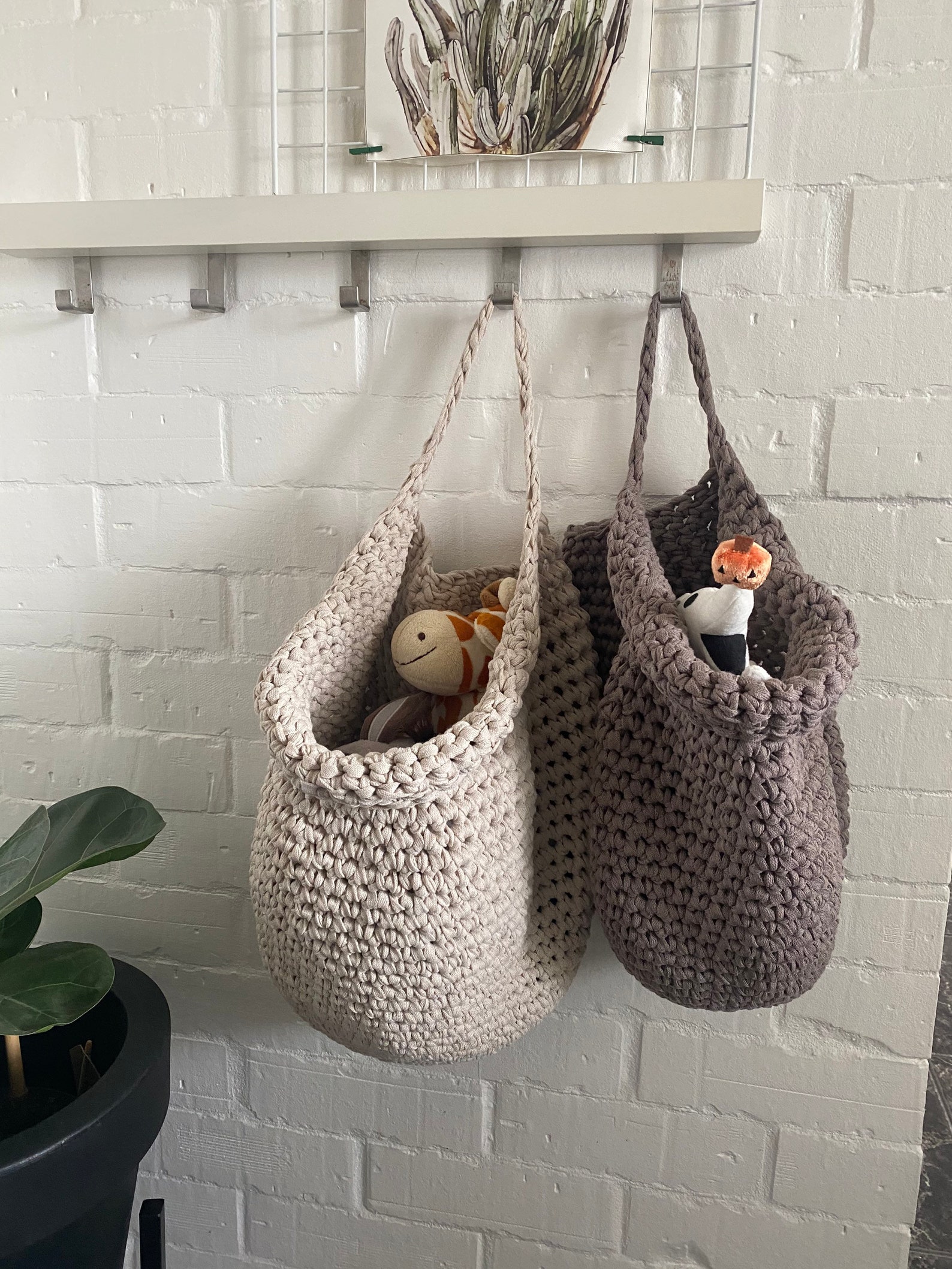 Crochet Wall Hanging Basket Earth Tones Storage Bags Chunky Etsy