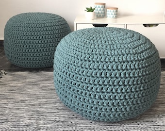 Puf otomano de crochê azul-petróleo, puf de tricô grosso, algodão ecológico, decoração moderna para casa.