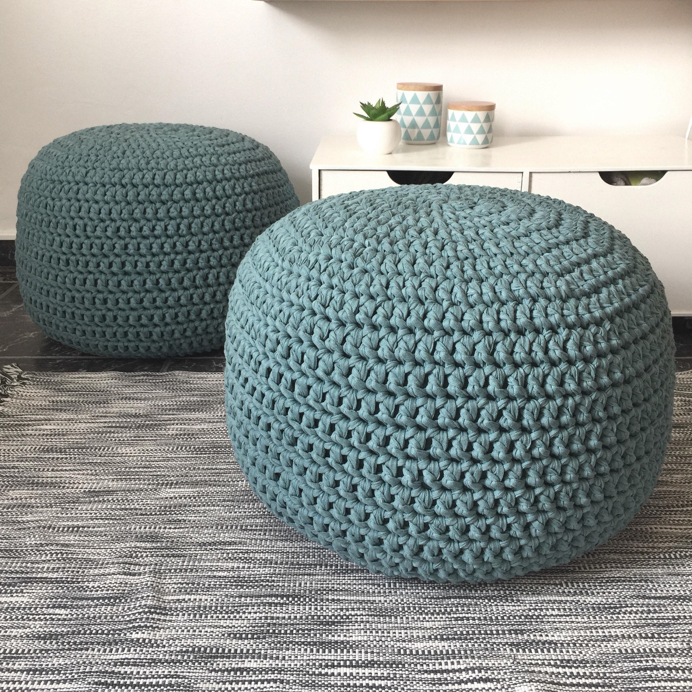 Teal Crochet Pouf Ottoman, Chunky Knit Footstool Pouffe, Eco