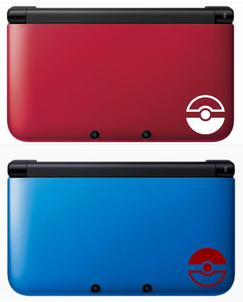May include: Two Nintendo 3DS XL handheld gaming consoles. The top console is red with a white Pokeball logo. The bottom console is blue with a red Pokeball logo.